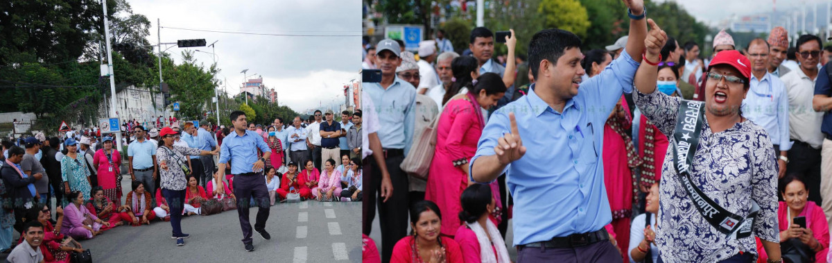 शिक्षकहरूको  आन्दोलनमा  हेर्नुस, काेही नाचगानमा  रमाउदैँ
