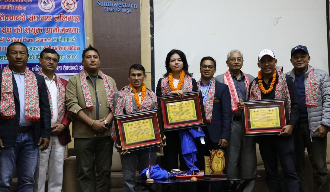 चौथो एसियाली पारा खेलकुदको तेक्वान्दोमा कांस्य पदक जितेकी पलेशा गोवर्धनसहितको टोलीलाई शनिबार सम्मानित